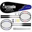 Badminton set with two rackets, shuttlecocks, and accessories on a white background, branded as 'Formula Sports'.